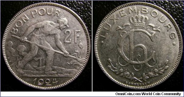Luxembourg 1924 2 franc. Weight: 9.94g