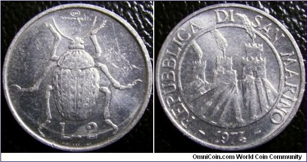 San Marino 1974 2 lira. Neat coin. Weight: 0.83g
