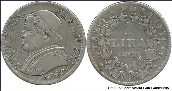 PapalState 1 Lira 1866 Anno:XXI, mintmark: R (Rome) (5.00 g / .835 Ag) 