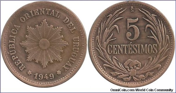 Uruguay 5 Centesimos 1949(So) mintmark= Santiago-Chile