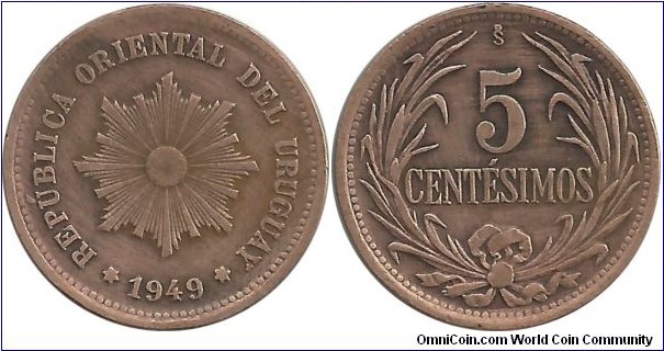 Uruguay 5 Centesimos 1949(So) mintmark= Santiago-Chile