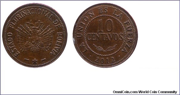 Bolivia, 10 centavos, 2013, Cu-Steel, 19mm, 1.85g, Estado Plurinacional de Bolivia.