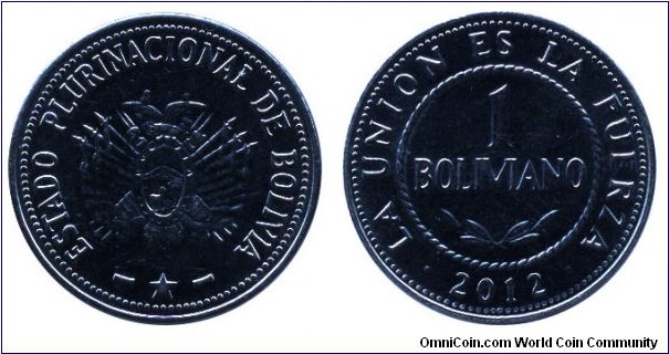 Bolivia, 1 boliviano, 2012, Steel, 27mm, 5g, Estado Plurinacional de Bolivia.