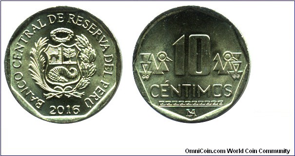 Peru, 10 centimos, 2016, Brass, 20.5mm, 3.5g.