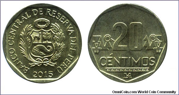 Peru, 20 centimos, 2015, Brass, 23mm, 4.4g.