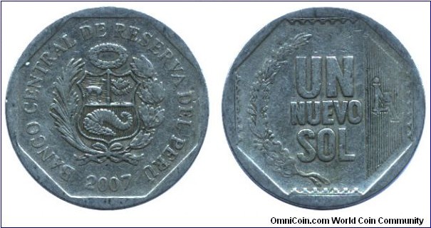 Peru, 1 new sol, 2007, Cu-Ni-Zn, 25.5mm, 7.32g.