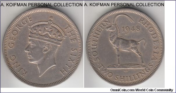 KM-23, 1948 Southern Rhodesia 2 shillings; copper-nickel, reeded edge; average circulated very fine or about.