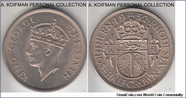 KM-24, 1952 Southern Rhodesia half crown; copper-nickel, reeded edge; average uncirculated, some toning, a small cut in front of George VI face, but nice not a very common coin.