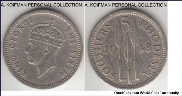 KM-20, 1948 Southern Rhodesia 3 pence; copper-nickel, plain edge; circulated, good fine to very fine.