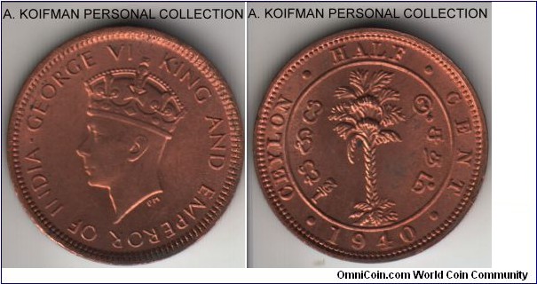 KM-110, 1940 Ceylon half cent; copper, plain edge; mostly red uncirculated.
