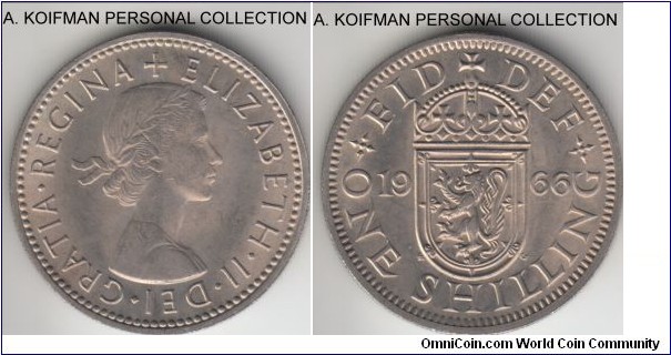 GB66B
KM-904, 1966 Great Britain shilling, English crest; copper-nickel, reeded edge; average uncirculated.
