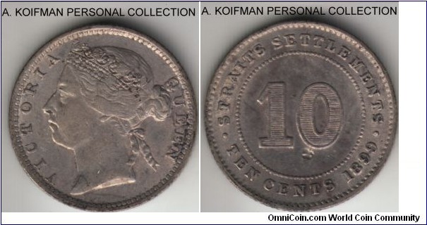 KM-11, 1899 Straits Settlements 10 cents; silver, reeded edge; scarce small mintage year, very fine details, punch mark on reverse.