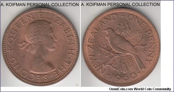KM-24.2, 1960 New Zealand penny; bronze, plain edge; red brown uncirculated, good coin albeit common late Elizabeth II.
