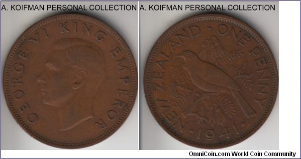 KM-13, 1941 New Zealand penny; bronze, plain edge; good very fine or so.