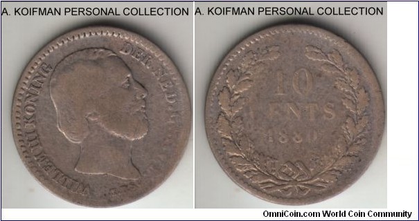 KM-80, 1880 Netherlands 10 cents; silver, reeded edge; well circulated, very good or about.