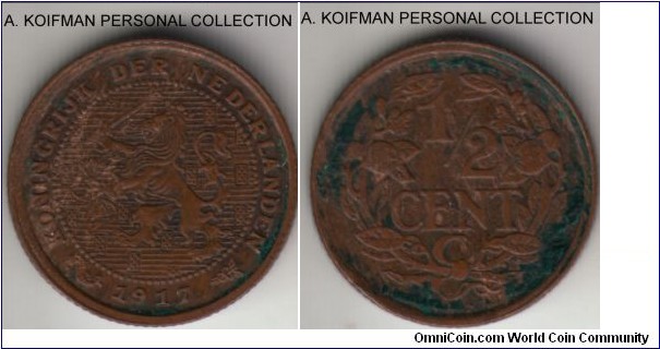 KM-138, 1917 Netherlands 1/2 cent; bronze, reeded edge; about extra fine details, grimy and stained.
