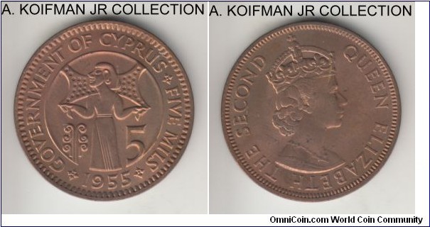 KM-34, 1955 Cyprus (British) 5 mils; bronze, plain edge; Elizabeth II, 2-year type, mostly red uncirculated.