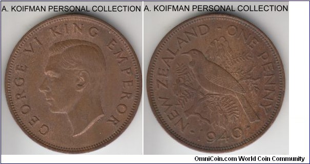 KM-13, 1940 New Zealand penny; bronze, plain edge; extra fine or better, odd toning.
