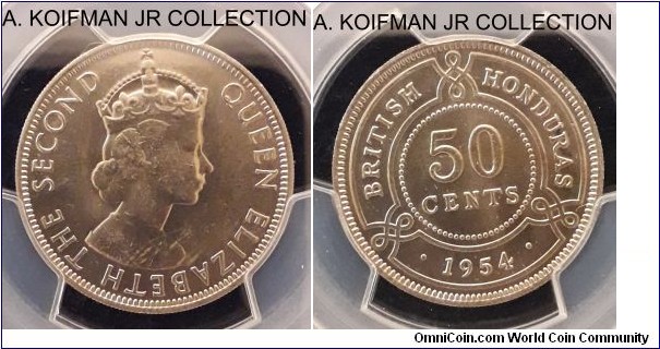 KM-28, 1954 British Honduras 50 cents; copper-nickel, reeded edge; Elizabeth II, mintage 75,000, PCGS graded MS64.
