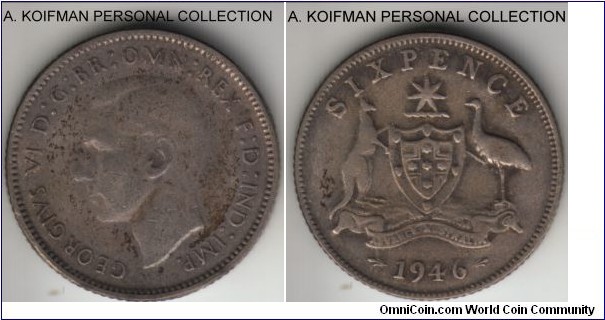 KM-38a, 1946 Australia 6 pence, Melbourne mint (no mint mark); silver, reeded edge; good fine to about very fine, dark toned.