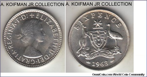 KM-58, 1963 Australia 6 pence, Melbourne mint (no mint mark); silver, reeded edge; late Elizabeth II coinage, nice uncirculated coin.