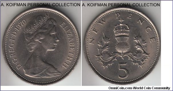 KM-911, 1970 Great Britain 5 new pence; copper-nickel, reeded edge; about uncirculated.