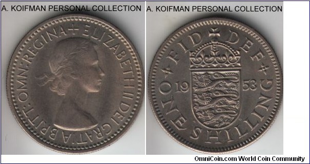 KM-890, 1953 Great Britain shilling, English crest; copper-nickel, reeded edge; higher grade uncirculated.