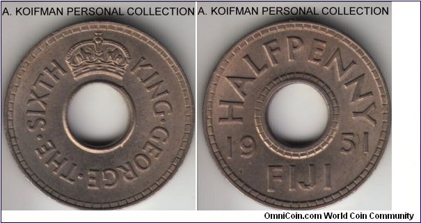 KM-16, 1951 Fiji half penny; copper-nickel, plain edge; average uncirculated with some toning, small mintage.