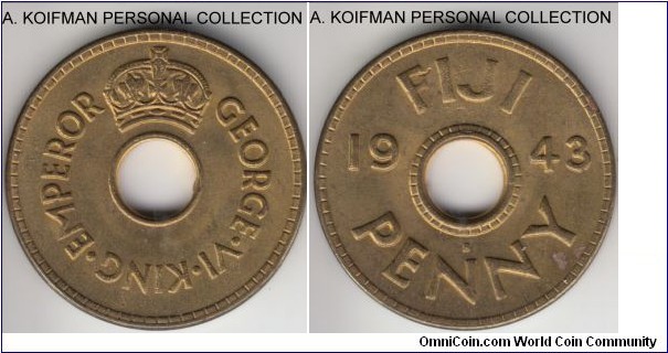 KM-7a, 1943 Fiji penny, San Francisco mint (S mint mark); brass, plain edge; a spot on reverse, otherwise uncirculated WWII issue.