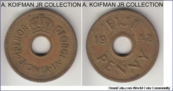 KM-7a, 1942 Fiji penny, San Francisco mint (S mint mark); brass, plain edge; George VI, special war time issue, toned extra fine or almost.