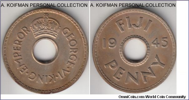 KM-7, 1945 Fiji penny, Royal mint (no mint mark); copper-nickel, plain edge; toned good very fine or better, a small flan defect or a rim nick on obverse.