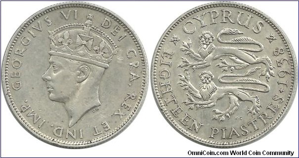 Cyprus-British 18 Piastres 1938 (11.31 g / .925 Ag)