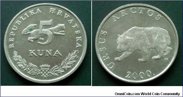 Croatia 5 kuna.
2000, Latin text; Ursus Arctos (Brown Bear)