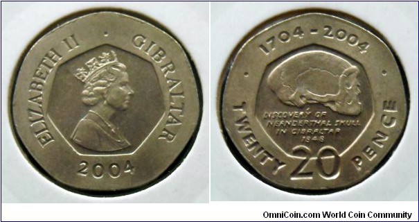 Gibraltar 20 pence.
2004, Discovery of Neanderthal Skull in Gibraltar 1848.