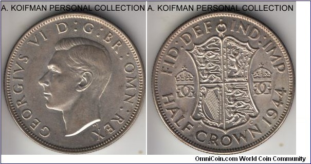 KM-856, 1944 Great Britain half crown; silver, reeded edge; almost uncirculated, some bagmarks and a touch of wear on obverse, reverse is uncirculated, most of original luster.