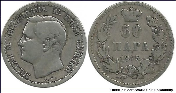 Serbia-Principality 50 Para 1875 - Prince Milan Obrenović IV (1868–1882) (2.50 g / .835 Ag)