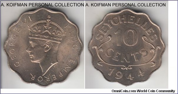 KM-1, 1944 Seychelles 10 cents; copper-nickel, scalloped edge; scarce early George VI mintage 36,000, pleasant lustrous uncirculated.