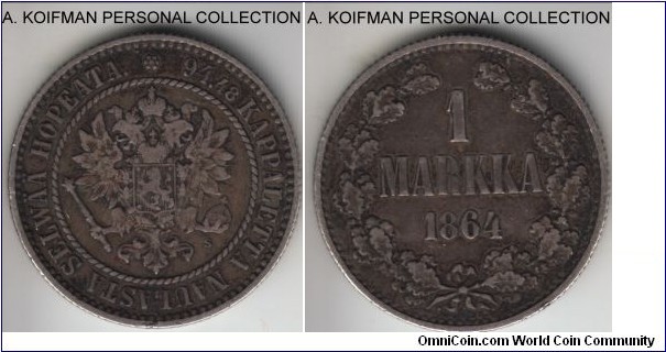 KM-3.1, 1864 Finland (Grand Duchy) markka; silver, reeded edge; scarce, with mintage of 75,000 only, very fine or about.