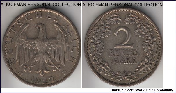 KM-45, 1927 German Weimar Republic 2 reichsmark, Berlin mint (A mint mark); silver, reeded edge; very fine or about.