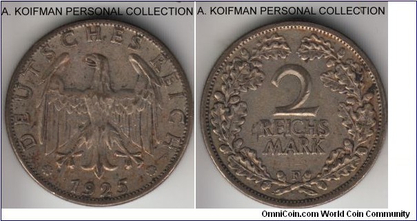 KM-45, 1925 German Weimar Republic 2 reichsmark, Stuttgart mint (F mint mark); silver, reeded edge; dark toned, good very fine.
