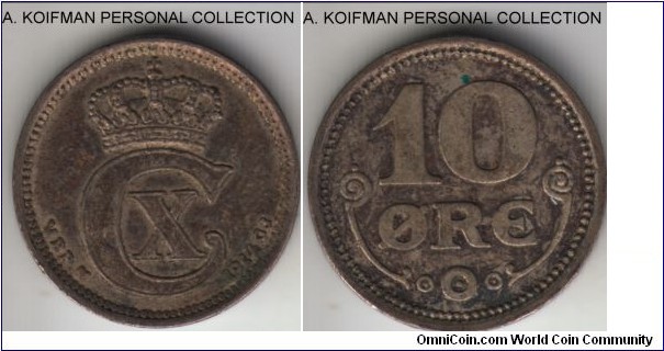 KM-818.1, 1914 Denmark 10 ore; silver, plain edge; dark toned good very fine to extra fine, although reverse toning is not nice looking.