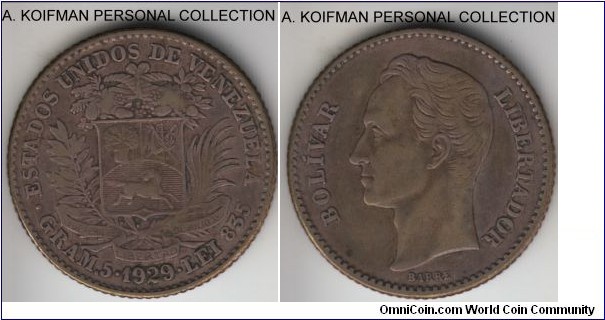 Y#22, 1929 Venezuela bolivar; silver, reeded edge; dark toned very fine or about.
