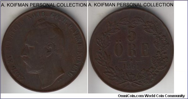 KM-707, 1861 Sweden 5 ore; bronze, plain edge; very fine or about, light cleaning.
