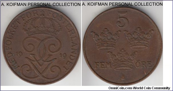 KM-779.2, 1919 Sweden 5 ore; bronze, plain edge; good very fine to extra fine, common.
