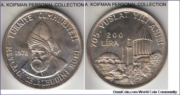 KM-919, 1978 Turkey 200 lira; silver, reeded edge; commemorating 705'th Anniversary - Death of Jalaladdin Rumi, mintage 10,000.