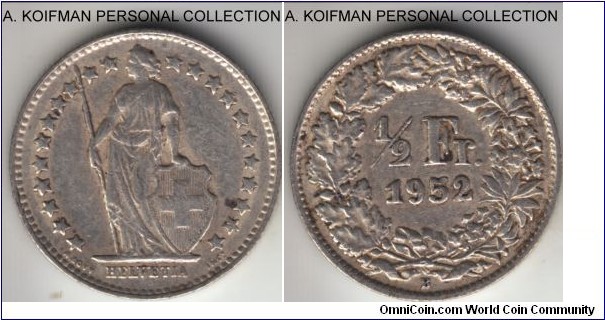 KM-23, 1952 Switzerland 1/2 franc; silver, reeded edge; a bit dirty extra fine.