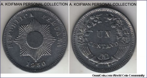 KM-227, 1950 Peru centavo (un centavo); zinc, plain edge; nice uncirculated, light toning is setting up on the zinc, first year of the type.