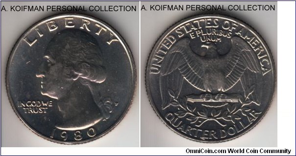 KM-164a, 1980 United States of America 25 cents, Philadelphia mint (O mint mark); copper-nickel clad copper, reeded edge; average uncirculated coin.
