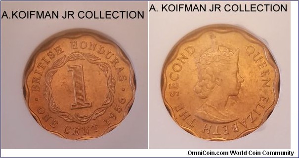 KM-30, 1956 British Honduras cent; bronze, scalloped flan, plain edge; Elizabeth II, first year of the type, NGC graded MS 65 RB although coin is bright and mostly red.