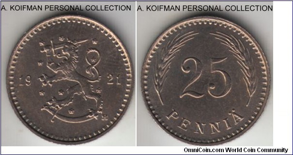 KM-25, 1921 Finland (Republic) 25 pennia, Heaton mint (H mint mark); copper-nickel, reeded edge; common but nice uncirculated, since it was struck with the freshly cleaned dies, obverse shows striations.